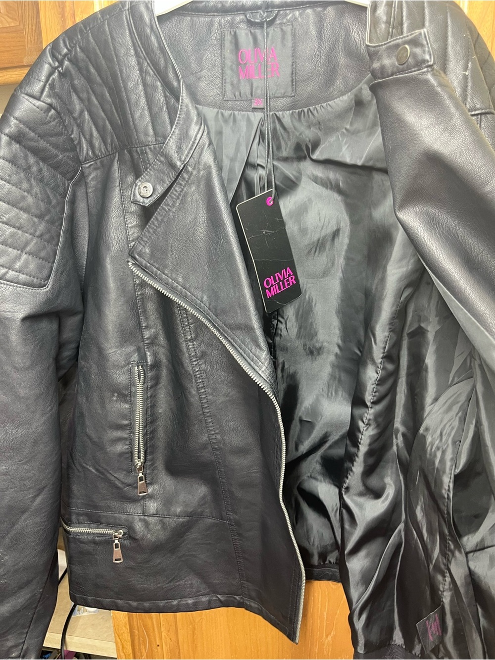 Olivia Miller Black Faux Leather Quilted Shoulder Moto Jacket 3X - Picture 11 of 16